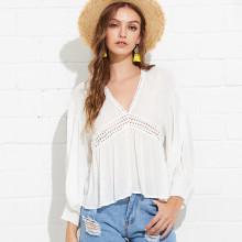 Shein Crochet Panel Lantern Sleeve Blouse