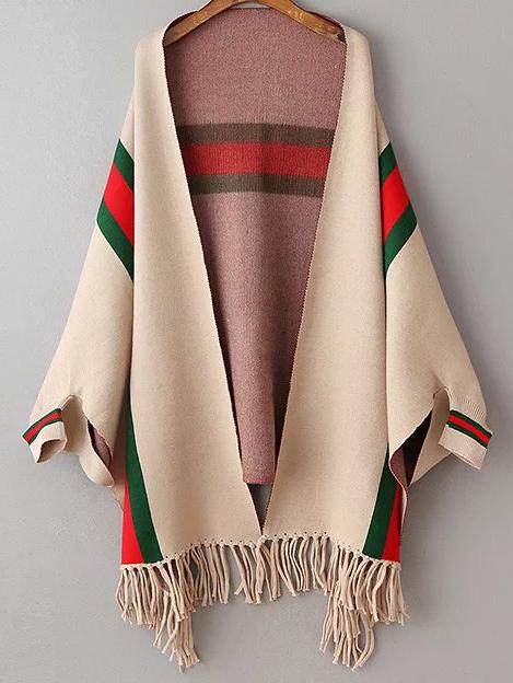 Shein Khaki Color Block Fringe Hem Poncho Sweater