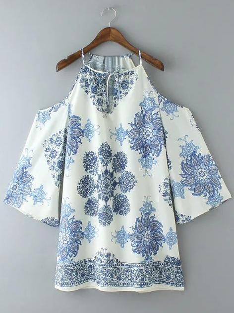 Shein Blue Tie Neck Bow Open Shoulder Print Dress