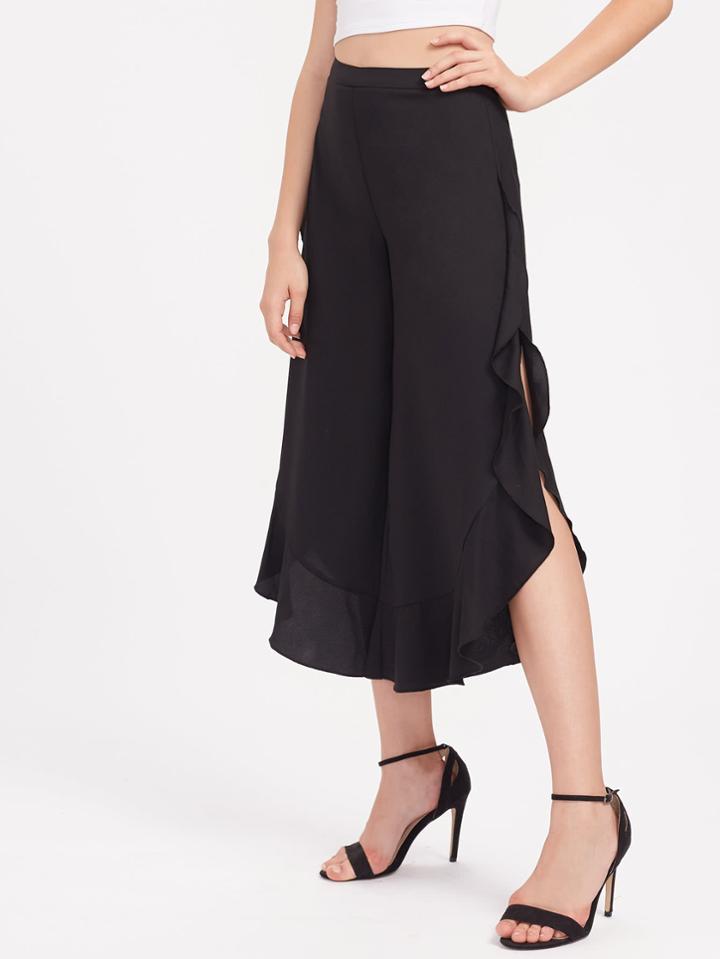 Shein Ruffle Trim Split Curved Culotte Pants