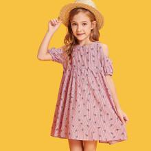 Shein Girls Cold Shoulder Pineapple & Striped Dress
