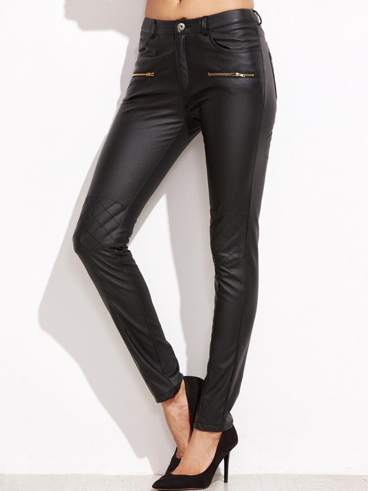Shein Black Coated Quilted Knee Skinny Pants