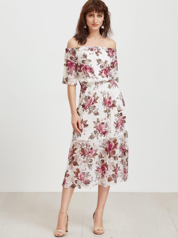 Shein Bardot Rose Print Lace Overlay Dress