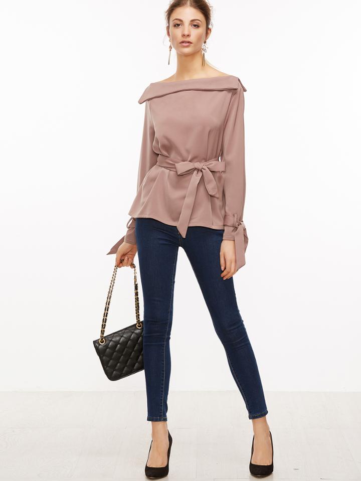 Shein Boat Neck Self Tie Blouse