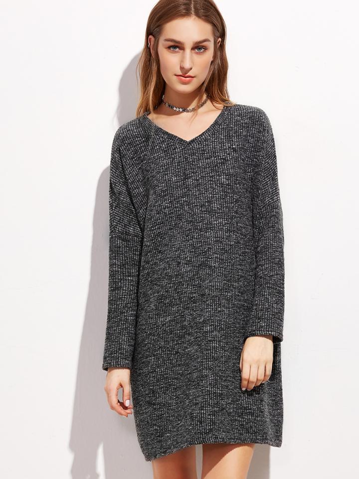Shein Black V Neck Slub Drop Shoulder Shift Dress
