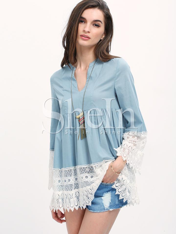 Shein Blue Long Sleeve Patchwork Lace Pleated Blouse