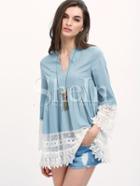 Shein Blue Long Sleeve Patchwork Lace Pleated Blouse