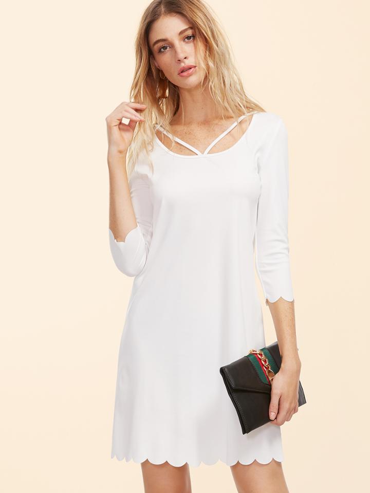 Shein White Strappy Scoop Neck Scallop Edge Dress