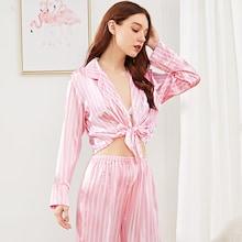 Shein Striped Button Up Knot Hem Satin Pajama Set
