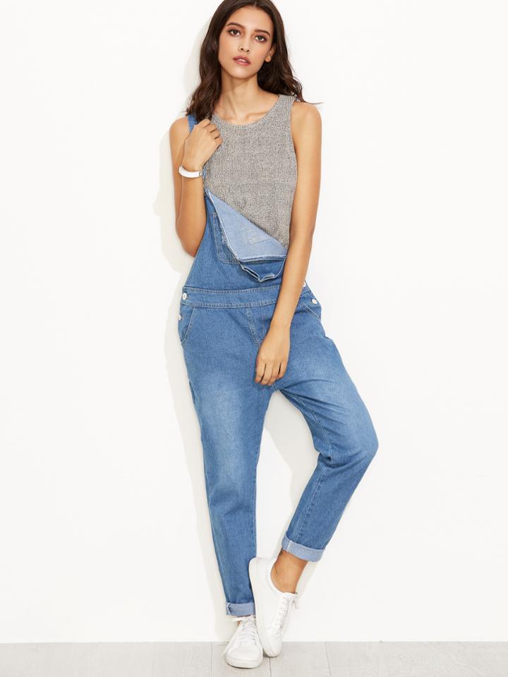 Shein Blue Strap Ripped Hat Patch Overall Jeans