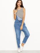 Shein Blue Strap Ripped Hat Patch Overall Jeans