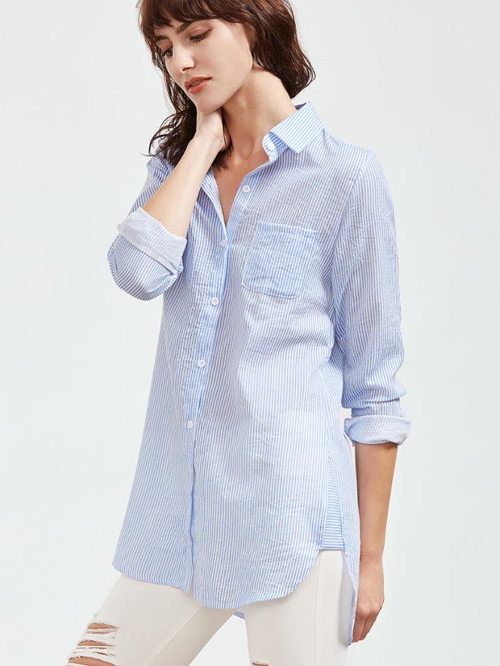 Shein Blue Vertical Striped High Low Curved Hem Shirt