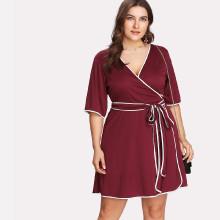 Shein Plus Contrast Binding Self Belted Wrap Dress
