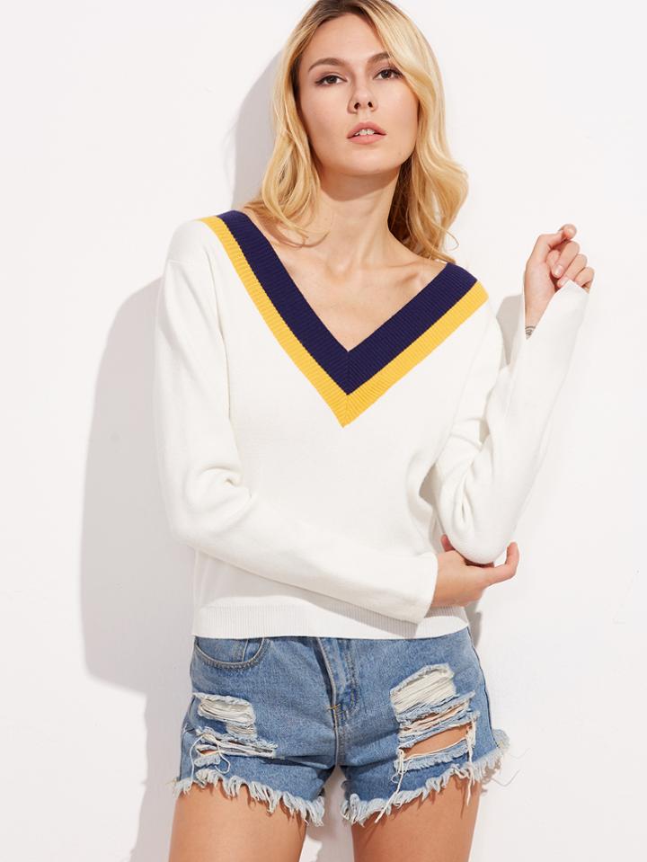 Shein White Striped V Neck Sweater