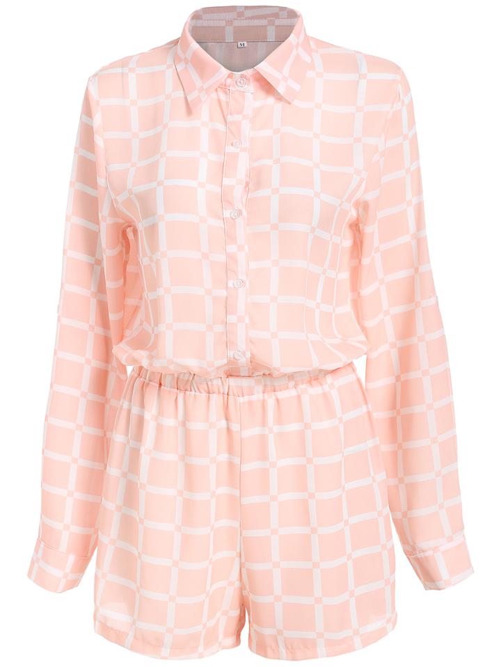 Shein Orange Lapel Drawstring Plaid Jumpsuit