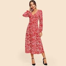 Shein Bishop Sleeve Button Front Maxi Dress