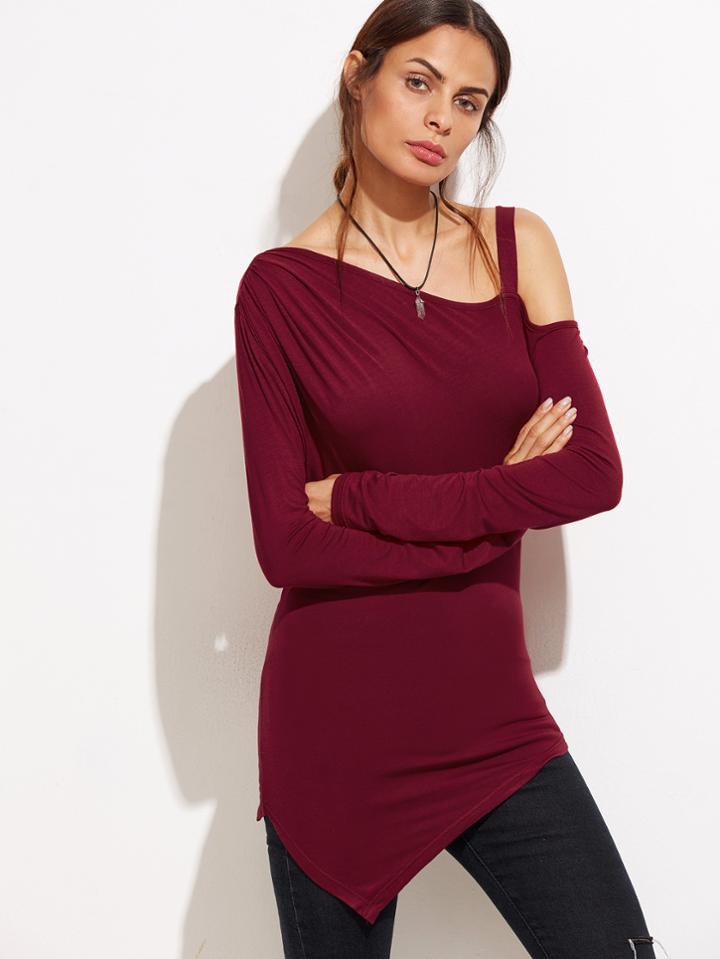 Shein Burgundy Asymmetric Cold Shoulder T-shirt
