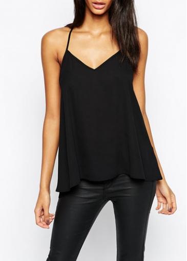 Rosewe Solid Black Open Back Camisole Top