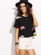 Shein Black Print Distressed T-shirt