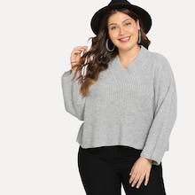 Shein Plus V Neck Marled Drop Shoulder Jumper