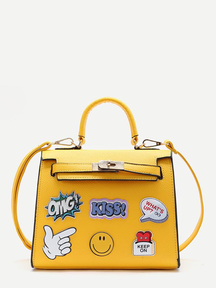 Shein Yellow Letter Pattern Pu Satchel Bag