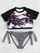 Shein Palm Tree & Striped Print 2 Piece Swimwear