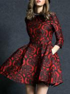 Shein Red Round Neck Length Sleeve Beading Jacquard Pockets Dress