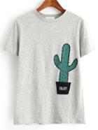 Shein Grey Round Neck Cactus Printed T-shirt