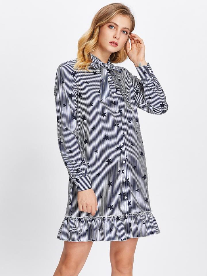 Shein Tie Neck Frill Hem Mixed Print Shirt Dress