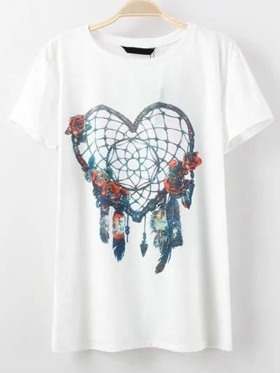 Shein White Heart Print Short Sleeve T-shirt