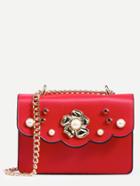 Shein Red Flower And Pearl Studded Box Bag With Chain