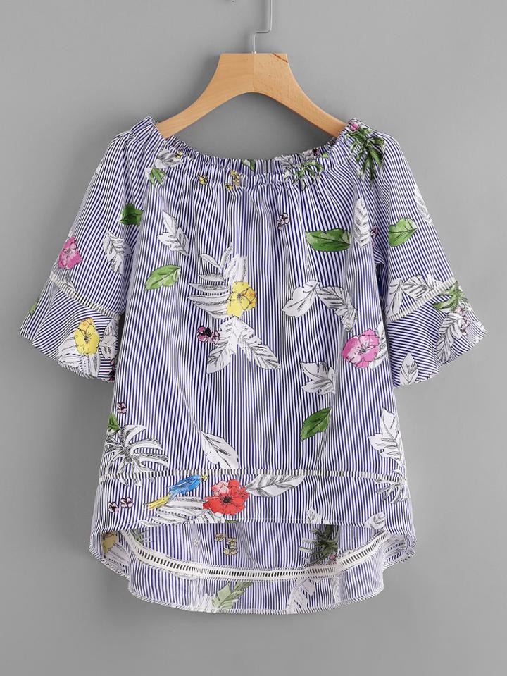 Shein Hollow Lace Panel Vertical Striped Botanical Print Top