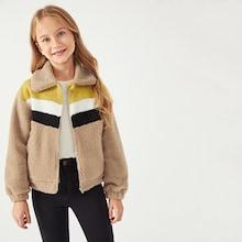 Shein Girls Zip Up Color-block Teddy Jacket