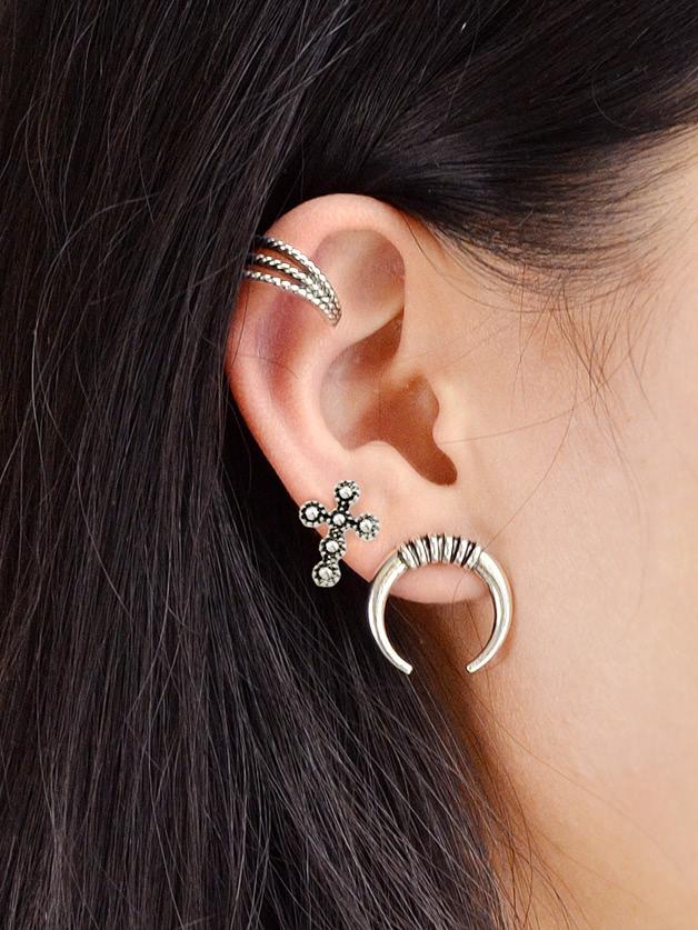 Shein 3pcs/set Boho Chic Antique Silver Color Ear Cuff Cartilage Clip Stud Earrings