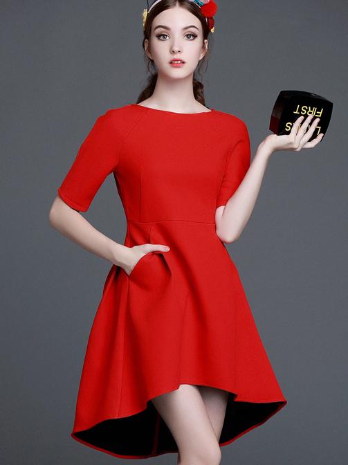 Shein Red Round Neck Short Sleeve Pockets High Low Dress