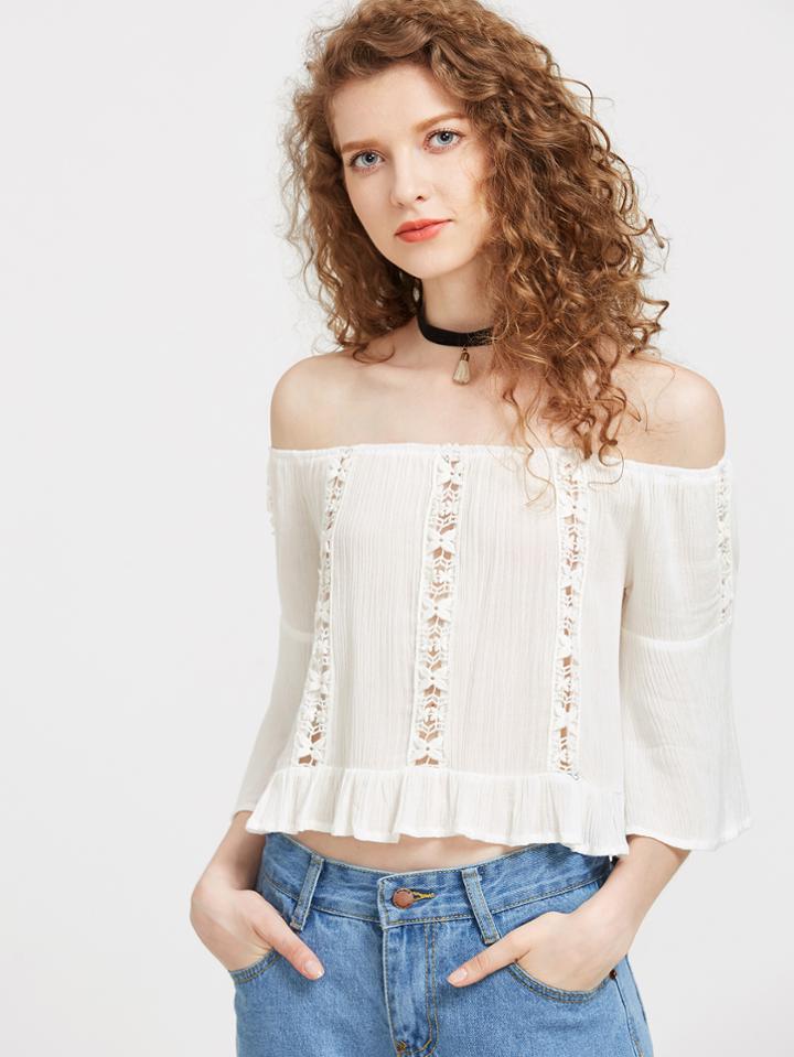 Shein Bardot Lace Crochet Peplum Frill Blouse