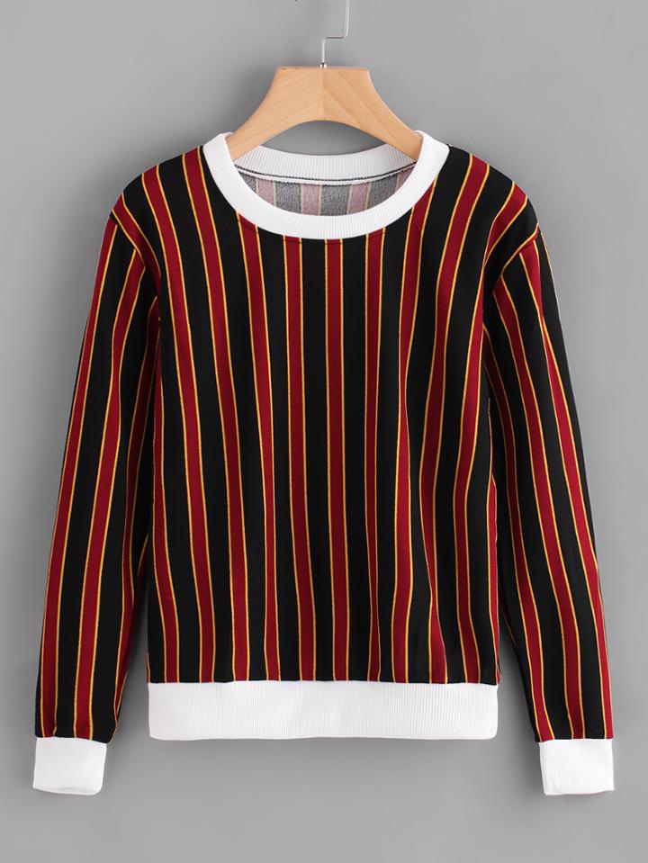 Shein Contrast Trim Vertical Striped Pullover