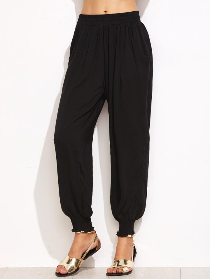 Shein Black Elastic Waist Shirred Hem Harem Pants