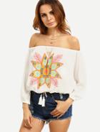 Shein White Print Off The Shoulder Long Sleeve Blouse