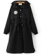 Shein Black Embroidery Back Patch Hooded Coat Drawstring Detail