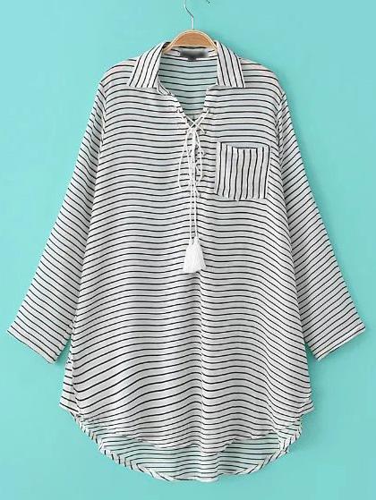 Shein White And Black Striped Lace-up Roll-up Sleeve Blouse