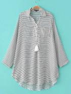 Shein White And Black Striped Lace-up Roll-up Sleeve Blouse
