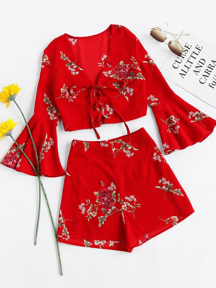 Shein Bell Sleeve Lace Up Top With Shorts