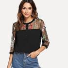 Shein Embroidered Contrast Mesh Button Front Blouse
