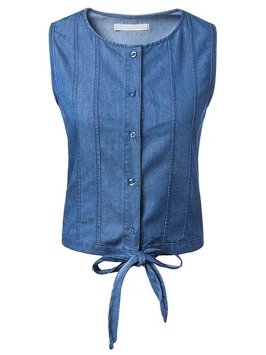 Shein Blue Crew Neck Knotted Denim Vest