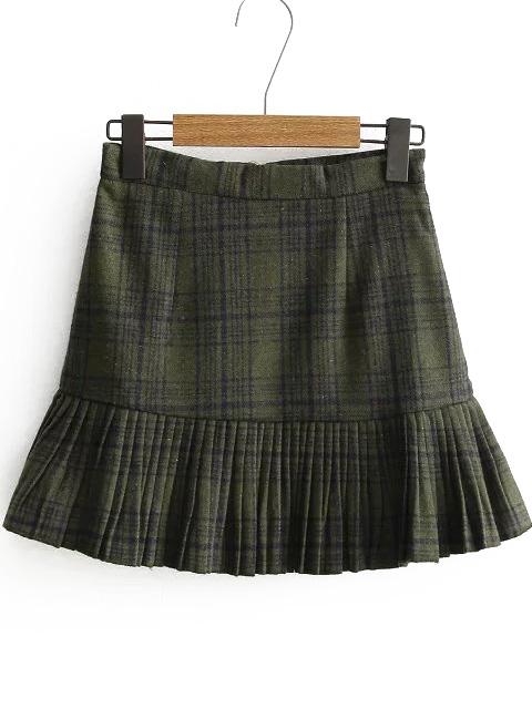 Shein Army Green Plaid Ruffle Hem Skirt