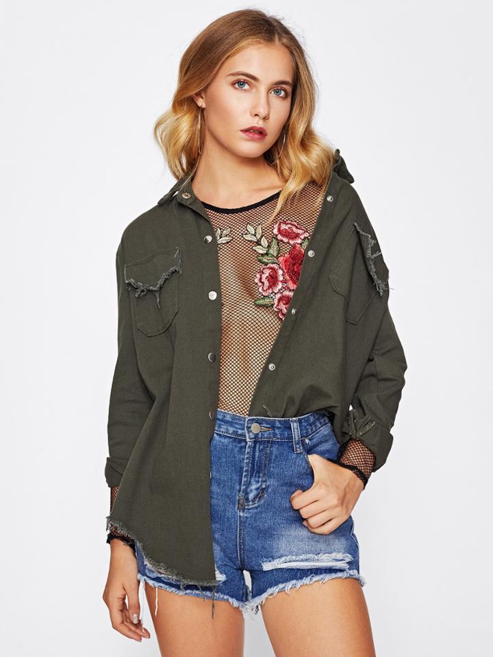 Shein Frayed Curved Hem Denim Jacket