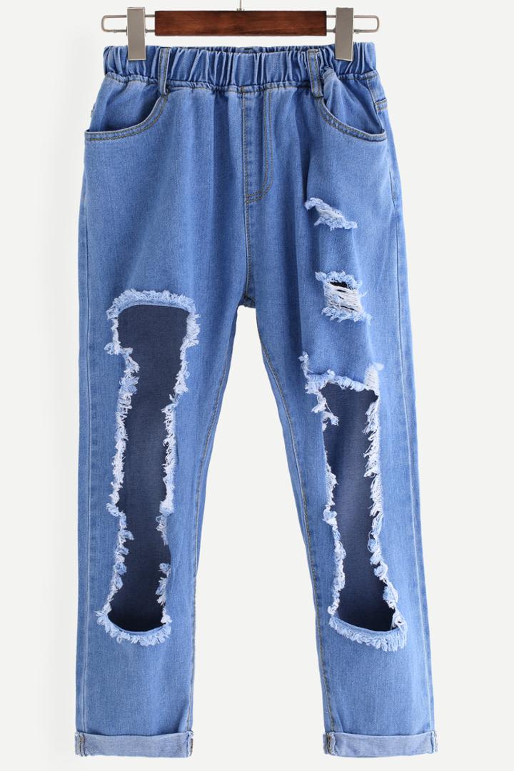 Shein Elastic Waist Destroyed Skinny Jeans