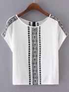 Shein White Embroidery Key-hole Tassel Back Blouse