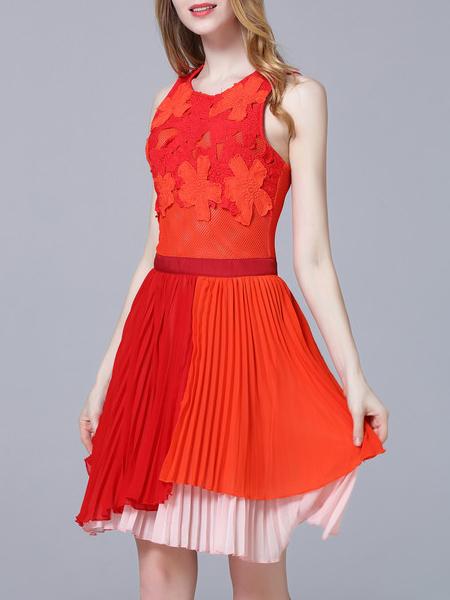 Shein Red Hollow Pleated A-line Dress